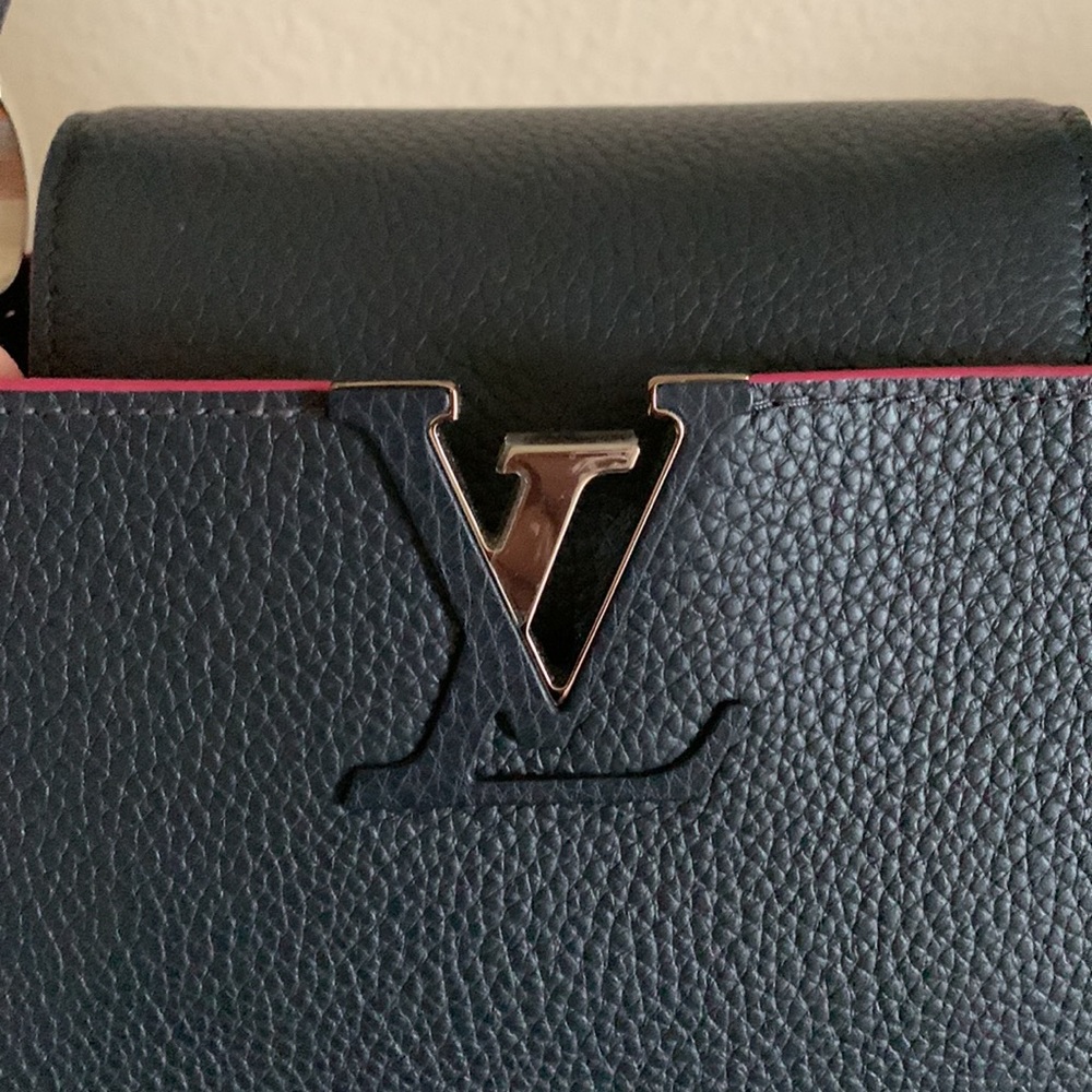 LOUIS VUITTON Cappucines PM charcoal gray & pink trimmings. Excellent condition.